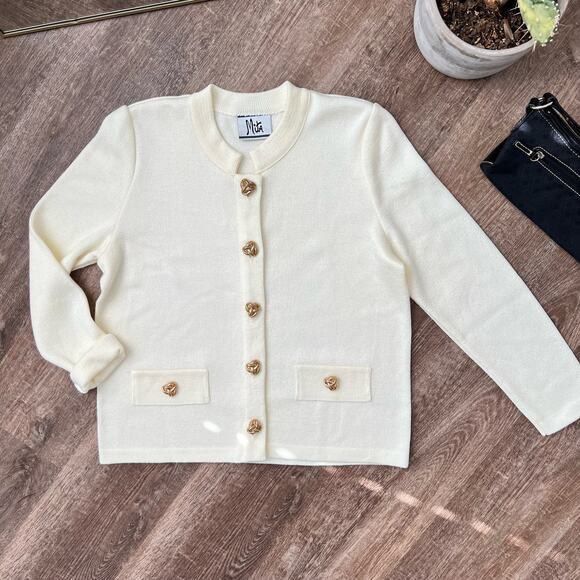 Mita Sweaters - Mita Beautiful Vintage Cream Off White Acrylic Sweater Cardigan Gold Buttons